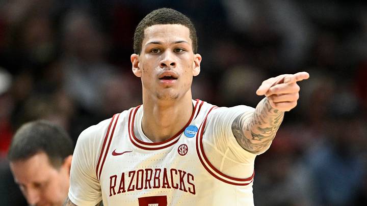Mar 19, 2026; Portland, OR, USA; Arkansas Razorbacks forward Trevon Brazile (7) reacts after a basket in the first half against the Hawaii Rainbow Warriors during a first round game of the men's 2026 NCAA Tournament at Moda Center. Mandatory Credit: Craig Strobeck-Imagn Images Mar 19, 2026; Portland, OR, USA; Arkansas Razorbacks forward Trevon Brazile (7) reacts after a basket in the first half against the Hawaii Rainbow Warriors during a first round game of the men's 2026 NCAA Tournament at Moda Center. Mandatory Credit: Craig Strobeck-Imagn Images
