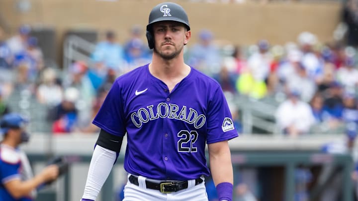 Feb 26, 2024; Salt River Pima-Maricopa, Arizona, USA; Colorado Rockies outfielder Nolan Jones against the Los Angeles Dodgers during a spring training game at Salt River Fields at Talking Stick. Mandatory Credit: Mark J. Rebilas-USA TODAY Sports