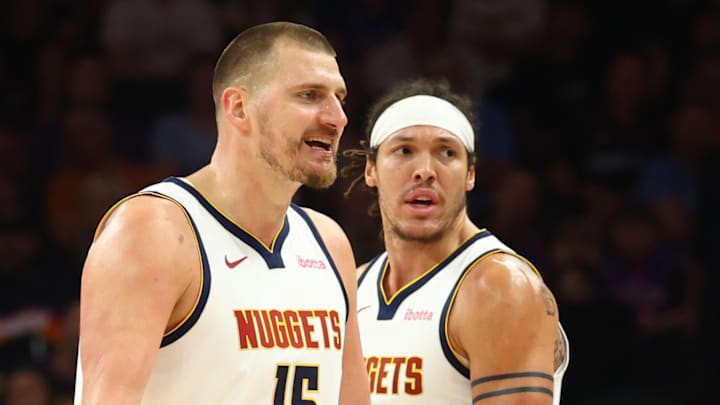 Mar 24, 2026; Phoenix, Arizona, USA; Denver Nuggets center Nikola Jokic (15) and forward Aaron Gordon (32) against the Phoenix Suns at Mortgage Matchup Center. Mandatory Credit: Mark J. Rebilas-Imagn Images Mar 24, 2026; Phoenix, Arizona, USA; Denver Nuggets center Nikola Jokic (15) and forward Aaron Gordon (32) against the Phoenix Suns at Mortgage Matchup Center. Mandatory Credit: Mark J. Rebilas-Imagn Images