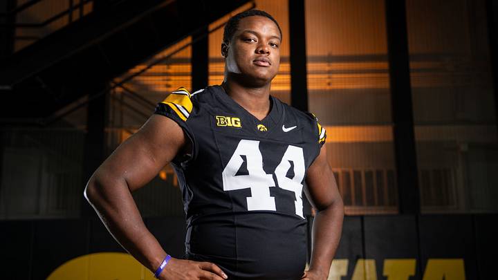Iowa defensive lineman Kenneth Merrieweather (44) stands for a portrait during Hawkeye football media day, Friday, Aug. 14, 2026, in Iowa City.