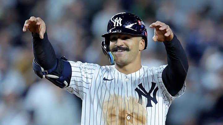 New York Yankees center fielder Trent Grisham (12) celebrates his double on October 1, 2025