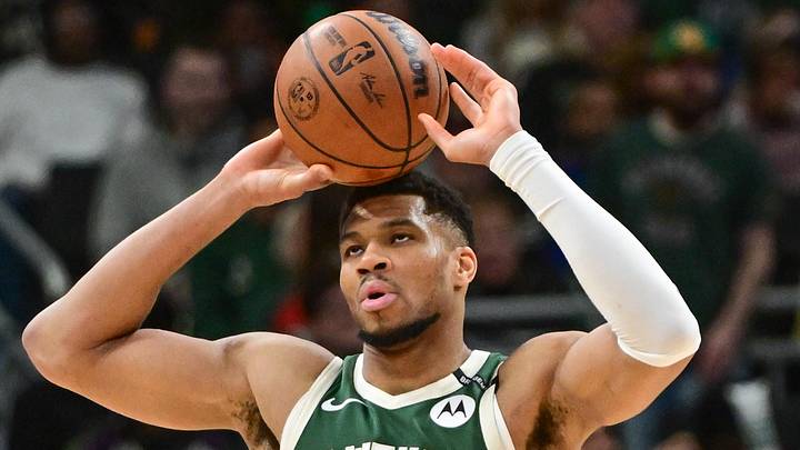 Apr 1, 2025; Milwaukee, Wisconsin, USA; Milwaukee Bucks forward Giannis Antetokounmpo (34) reacts in the fourth quarter against the Phoenix Suns at Fiserv Forum. Mandatory Credit: Benny Sieu-Imagn Images
