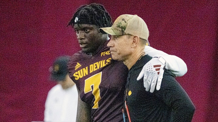 Metayer Chamon, TE, (7) walks with offensive coordinator Marcus Arroyo during ASU fall camp practice on Aug. 2, 2024, at Verde Dickey Dome in Tempe.