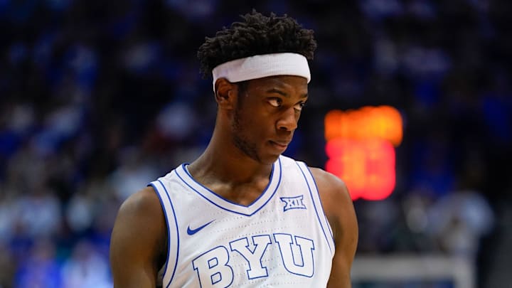 BYU Cougars forward AJ Dybantsa (3) looks on during the second half against the Houston Cougars at Marriott Center. BYU Cougars forward AJ Dybantsa (3) looks on during the second half against the Houston Cougars at Marriott Center.