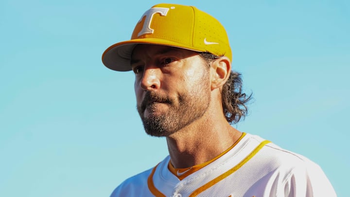 Tennessee baseball head coach Tony Vitello during a NCAA baseball game between the Tennessee Volunteers and Florida Gators at Lindsey Nelson Stadium in Knoxville, Tenn., on Friday, March 14, 2025.
