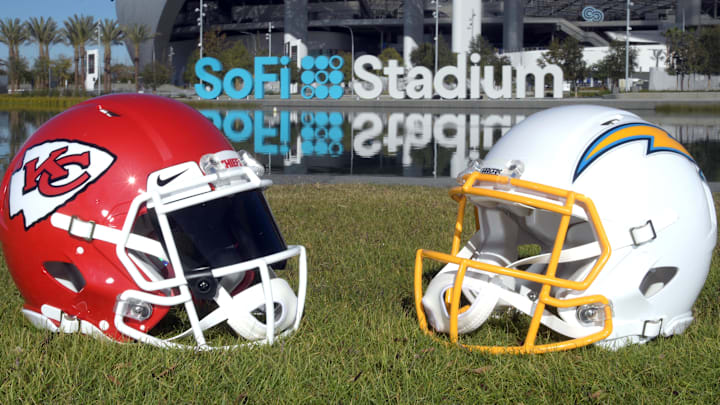 Dec 16, 2021; Inglewood, California, USA; A detailed view of Kansas City Chiefs and Los Angeles Chargers helmets at SoFi Stadium. Mandatory Credit: Kirby Lee-Imagn Images Dec 16, 2021; Inglewood, California, USA; A detailed view of Kansas City Chiefs and Los Angeles Chargers helmets at SoFi Stadium. Mandatory Credit: Kirby Lee-Imagn Images