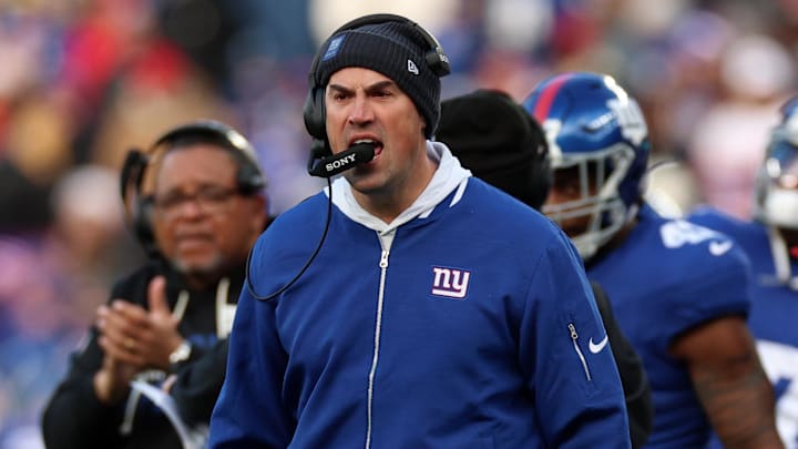 Dec 21, 2025; East Rutherford, New Jersey, USA; New York Giants head coach Mike Kafka (Interim) reacts against the Minnesota Vikings during the first half at MetLife Stadium.  
