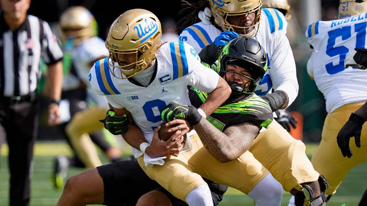 Oregon outside linebacker Matayo Uiagalelei sacks UCLA quarterback Nico Iamaleava as the Oregon Ducks host the UCLA Bruins
