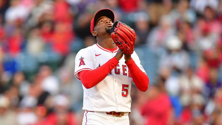 Anaheim, California, USA; Los Angeles Angels pitcher Jose Soriano (59) reacts following the top of the first inning at Angel Stadium. Mandatory Credit: Gary A. Vasquez-Imagn Images Anaheim, California, USA; Los Angeles Angels pitcher Jose Soriano (59) reacts following the top of the first inning at Angel Stadium. Mandatory Credit: Gary A. Vasquez-Imagn Images