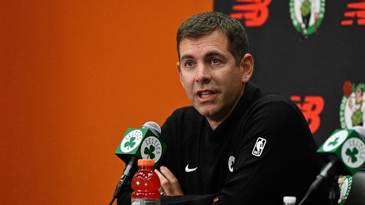 Sep 25, 2025; Boston, MA, USA;  Boston Celtics president of basketball operations Brad Stevens speaks during a press conference at Auerbach Center. Mandatory Credit: Eric Canha-Imagn Images