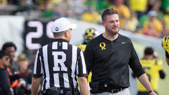 Oregon head coach Dan Lanning talks to the referees as the No. 1 Oregon Ducks host the No. 21 Illinois Fighting Illini Saturday, Oct. 26, 2024 at Autzen Stadium in Eugene, Ore.