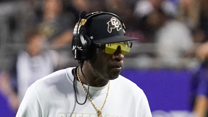 Oct 4, 2025; Fort Worth, Texas, USA; Colorado Buffaloes head coach Deion Sanders on the sidelines during the first half against the TCU Horned Frogs at Amon G. Carter Stadium. Mandatory Credit: Raymond Carlin III-Imagn Images