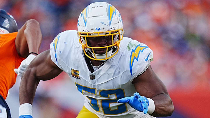 Oct 13, 2024; Denver, Colorado, USA; Los Angeles Chargers linebacker Khalil Mack (52) during the second half against the Denver Broncos at Empower Field at Mile High. Mandatory Credit: Ron Chenoy-Imagn Images