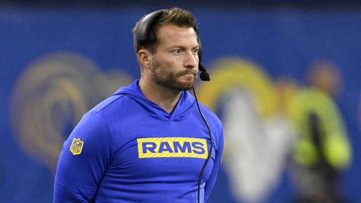 Nov 24, 2024; Inglewood, California, USA;  Los Angeles Rams head coach Sean McVay, center, watches from the sidelines during the second half against the Philadelphia Eagles at SoFi Stadium. Mandatory Credit: Alex Gallardo-Imagn Images