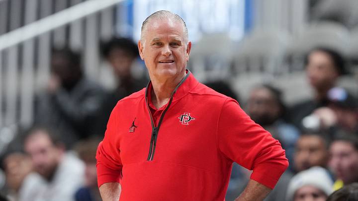 Dec 21, 2024; San Jose, California, USA; San Diego State Aztecs head coach Brian Dutcher. Dec 21, 2024; San Jose, California, USA; San Diego State Aztecs head coach Brian Dutcher.