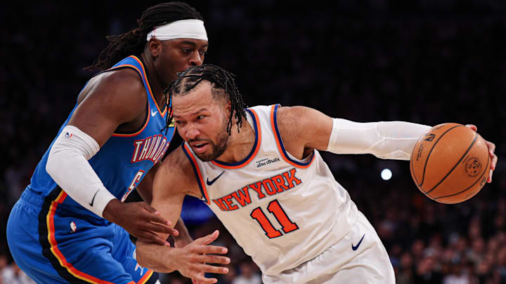 Mar 4, 2026; New York, New York, USA; New York Knicks guard Jalen Brunson (11) before the game against Oklahoma City Thunder guard Luguentz Dort (5) during the second half at Madison Square Garden. Mandatory Credit: Vincent Carchietta-Imagn Images