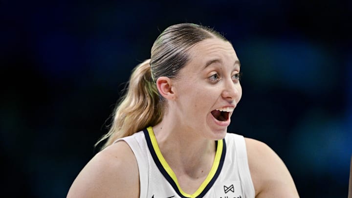 Sep 11, 2025; Arlington, Texas, USA; Dallas Wings guard Paige Bueckers (5) celebrates during the second half against the Phoenix Mercury at College Park Center. Mandatory Credit: Jerome Miron-Imagn Images