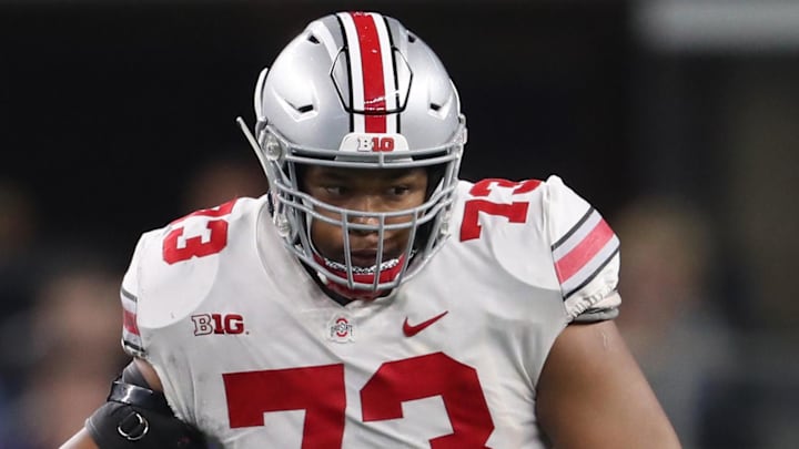 Sep 15, 2018; Arlington, TX, USA; Ohio State Buckeyes guard Michael Jordan (73) in action against the Texas Christian Horned Frogs at AT&T Stadium. Mandatory Credit: Matthew Emmons-Imagn Images Sep 15, 2018; Arlington, TX, USA; Ohio State Buckeyes guard Michael Jordan (73) in action against the Texas Christian Horned Frogs at AT&T Stadium. Mandatory Credit: Matthew Emmons-Imagn Images