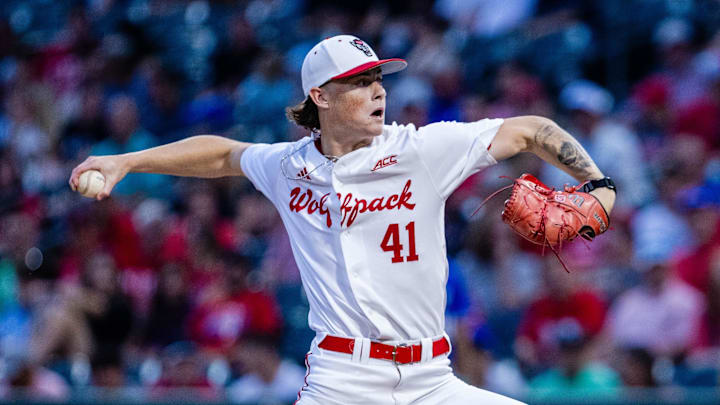 May 23, 2024; Charlotte, NC, USA; NC State Wolfpack pitcher Jacob Dudan (41) throws in the fifth inning against the Duke Blue Devils during the ACC Baseball Tournament at Truist Field. Mandatory Credit: Scott Kinser-Imagn Images May 23, 2024; Charlotte, NC, USA; NC State Wolfpack pitcher Jacob Dudan (41) throws in the fifth inning against the Duke Blue Devils during the ACC Baseball Tournament at Truist Field. Mandatory Credit: Scott Kinser-Imagn Images
