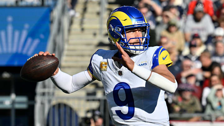 Nov 17, 2024; Foxborough, Massachusetts, USA;  Los Angeles Rams quarterback Matthew Stafford (9) throws a pass during the first half against the New England Patriots at Gillette Stadium. Mandatory Credit: Eric Canha-Imagn Images