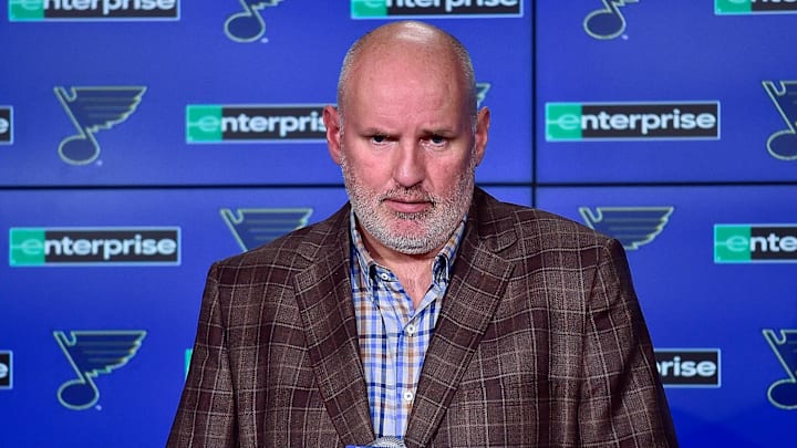 Feb 18, 2020; St. Louis, Missouri, USA; St. Louis Blues general manager Doug Armstrong talks with the media about the acquisition of defenseman Marco Scandella from the Montreal Canadians prior to a game against the New Jersey Devils at Enterprise Center. Mandatory Credit: Jeff Curry-Imagn Images Feb 18, 2020; St. Louis, Missouri, USA; St. Louis Blues general manager Doug Armstrong talks with the media about the acquisition of defenseman Marco Scandella from the Montreal Canadians prior to a game against the New Jersey Devils at Enterprise Center. Mandatory Credit: Jeff Curry-Imagn Images
