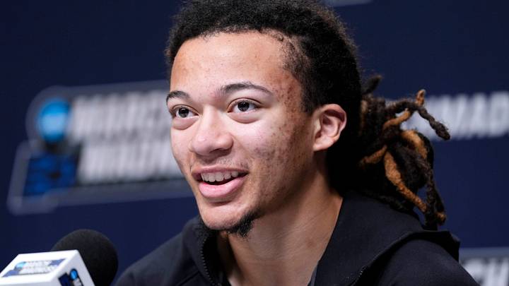 Houston's Kingston Flemings speaks during a press conference for the first round of the NCAA basketball tournament at Paycom Center in Oklahoma City, Wednesday, March 18, 2026. Houston's Kingston Flemings speaks during a press conference for the first round of the NCAA basketball tournament at Paycom Center in Oklahoma City, Wednesday, March 18, 2026.