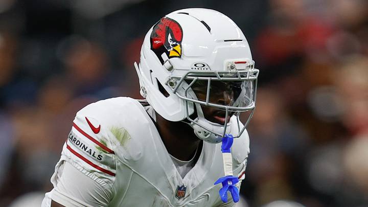 Aug 13, 2026; Paradise, Nevada, USA; Arizona Cardinals running back Jeremiyah Love (4) gets set in the backfield during the game against the Las Vegas Raiders at Allegiant Stadium. Mandatory Credit: David Brytus-Imagn Images