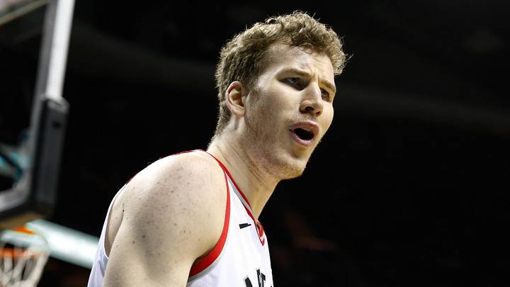 Feb 11, 2018; Charlotte, NC, USA; Toronto Raptors center Jakob Poeltl (42) reacts to a foul call in the second half against the Charlotte Hornets at Spectrum Center. Mandatory Credit: Jeremy Brevard-Imagn Images Feb 11, 2018; Charlotte, NC, USA; Toronto Raptors center Jakob Poeltl (42) reacts to a foul call in the second half against the Charlotte Hornets at Spectrum Center. Mandatory Credit: Jeremy Brevard-Imagn Images