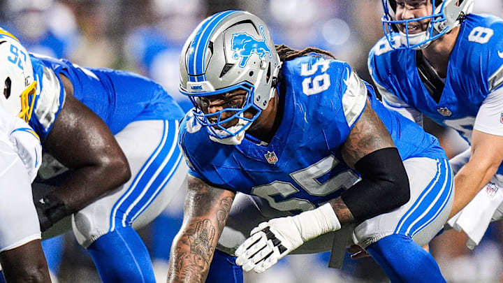 Detroit Lions center Kingsley Eguakun (65).