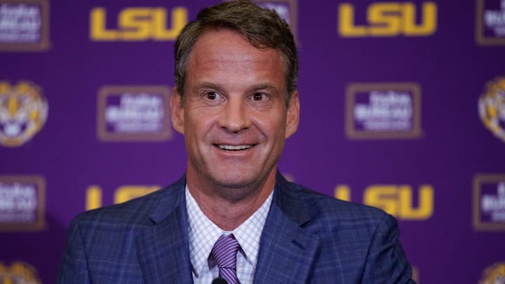 Dec 1, 2025; Baton Rouge, LA, USA; LSU new head coach Lane Kiffin speaks at South Stadium Club at Tiger Stadium. Mandatory Credit: Matthew Hinton-Imagn Images