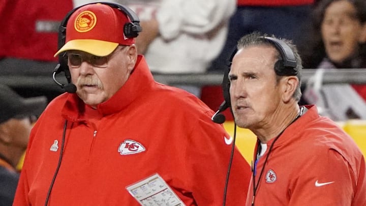 Oct 12, 2023; Kansas City, Missouri, USA; Kansas City Chiefs head coach Andy Reid and defensive coordinator Steve Spagnuolo talk on the sidelines against the Denver Broncos during the game at GEHA Field at Arrowhead Stadium. Mandatory Credit: Denny Medley-Imagn Images Oct 12, 2023; Kansas City, Missouri, USA; Kansas City Chiefs head coach Andy Reid and defensive coordinator Steve Spagnuolo talk on the sidelines against the Denver Broncos during the game at GEHA Field at Arrowhead Stadium. Mandatory Credit: Denny Medley-Imagn Images