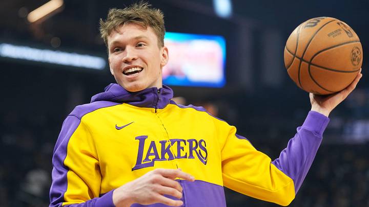 Jan 25, 2025; San Francisco, California, USA; Los Angeles Lakers guard Dalton Knecht (4) before the game against the Golden State Warriors at Chase Center. Mandatory Credit: Darren Yamashita-Imagn Images