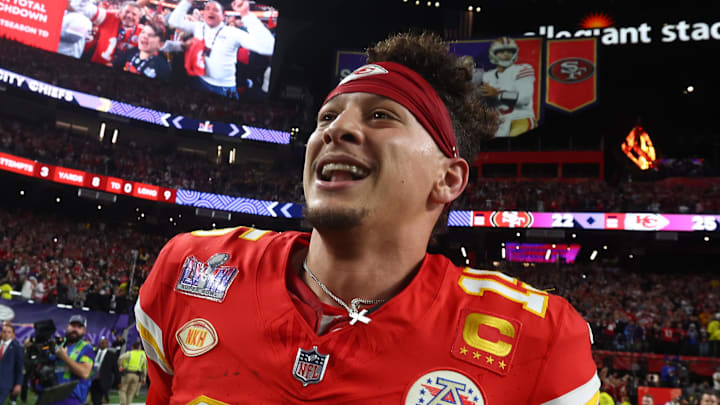 Feb 11, 2024; Paradise, Nevada, USA; Kansas City Chiefs quarterback Patrick Mahomes (15) celebrates after defeating the San Francisco 49ers in Super Bowl LVIII at Allegiant Stadium. Mandatory Credit: Mark J. Rebilas-Imagn Images