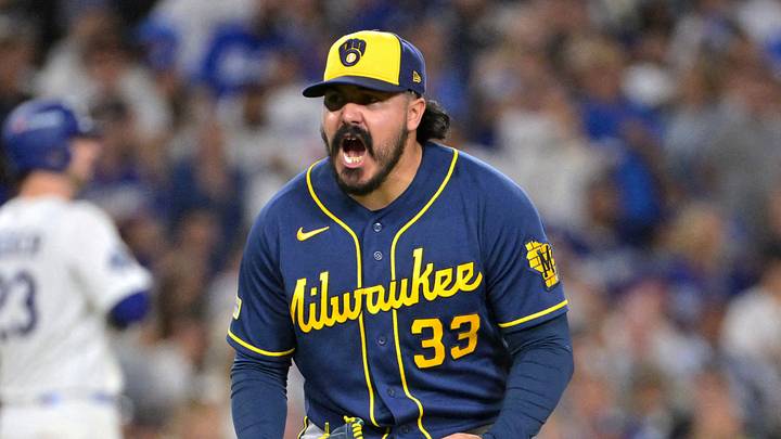 Oct 15, 2026; Los Angeles, California, USA; Milwaukee Brewers pitcher JoJo Romero (33) reacts during the sixth inning against the Los Angeles Dodgers in game four of the NLCS for the 2026 MLB Playoffs at Uniqlo Field at Dodger Stadium. Mandatory Credit: Jayne Kamin-Oncea-Imagn Images TPX IMAGES OF THE DAY Oct 15, 2026; Los Angeles, California, USA; Milwaukee Brewers pitcher JoJo Romero (33) reacts during the sixth inning against the Los Angeles Dodgers in game four of the NLCS for the 2026 MLB Playoffs at Uniqlo Field at Dodger Stadium. Mandatory Credit: Jayne Kamin-Oncea-Imagn Images TPX IMAGES OF THE DAY