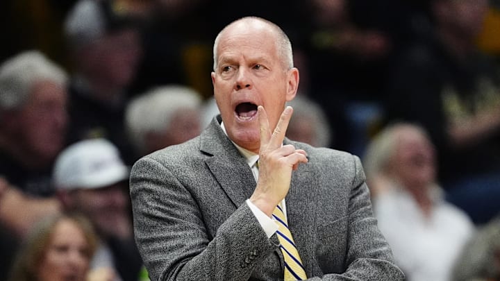 Feb 7, 2026; Boulder, Colorado, USA; Colorado Buffaloes head coach Tad Boyle calls out during the first half against the Arizona State Sun Devils at the CU Events Center. Mandatory Credit: Ron Chenoy-Imagn Images