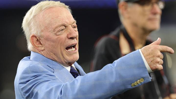 Dallas Cowboys owner Jerry Jones reacts before the game at AT&T Stadium. Dallas Cowboys owner Jerry Jones reacts before the game at AT&T Stadium.