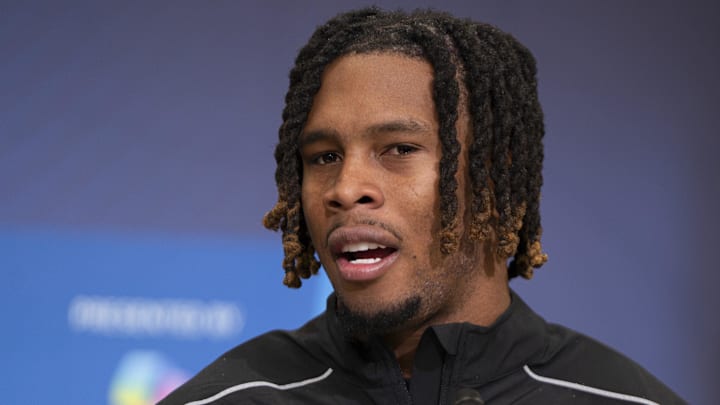Feb 26, 2026; Indianapolis, IN, USA; Arizona State defensive back Keith Abney II (DB01) speaks to members of the media during the NFL Combine at the Indiana Convention Center. Mandatory Credit: Jacob Musselman-Imagn Images Feb 26, 2026; Indianapolis, IN, USA; Arizona State defensive back Keith Abney II (DB01) speaks to members of the media during the NFL Combine at the Indiana Convention Center. Mandatory Credit: Jacob Musselman-Imagn Images