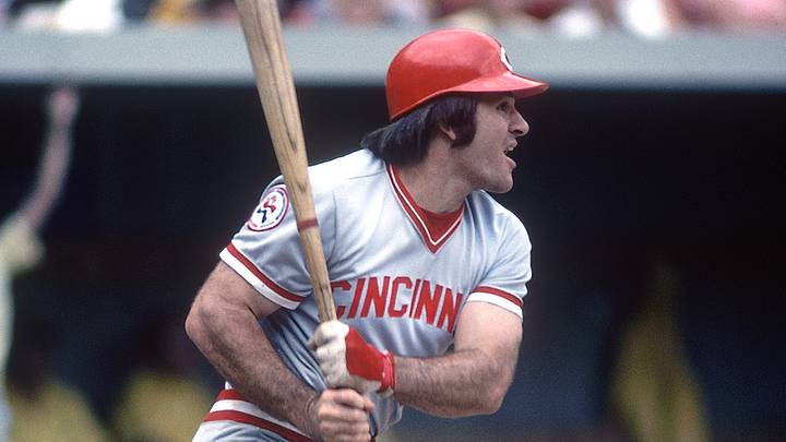 Cincinnati Reds outfielder Pete Rose in action at the plate