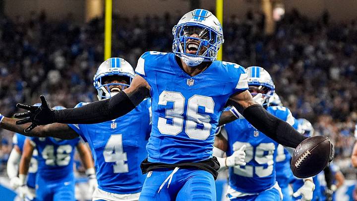 Detroit Lions safety Chuck Clark (36) celebrates an interception against New Orleans Saints during the first half at Ford Field in Detroit on Sunday, Sept. 13, 2026. Detroit Lions safety Chuck Clark (36) celebrates an interception against New Orleans Saints during the first half at Ford Field in Detroit on Sunday, Sept. 13, 2026.