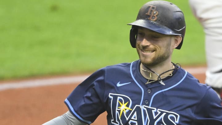 Sep 12, 2024; Cleveland, Ohio, USA; Tampa Bay Rays designated hitter Brandon Lowe (8) celebrates his solo home run in the first inning against the Cleveland Guardians at Progressive Field
