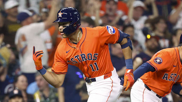 Apr 18, 2025; Houston, Texas, USA; Houston Astros right fielder Cam Smith (11) rounds the bases after hitting a home run during the second inning against the San Diego Padres at Daikin Park. 