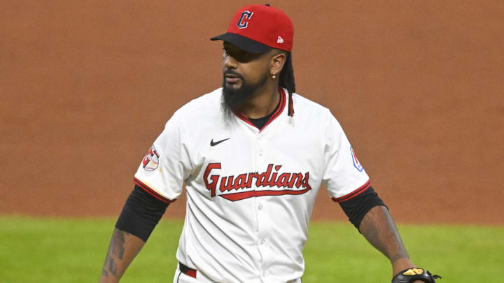 Apr 12, 2025; Cleveland, Ohio, USA; Cleveland Guardians relief pitcher Emmanuel Clase (48) reacts after giving up a hit in the ninth inning against the Kansas City Royals at Progressive Field. Mandatory Credit: David Richard-Imagn Images