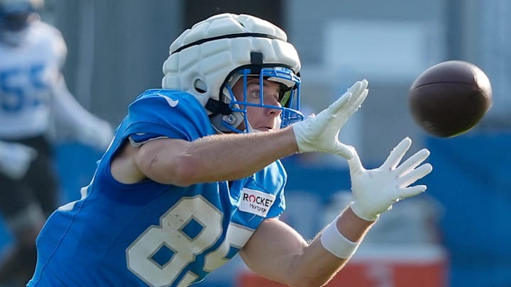 Detroit Lions wide receiver Tom Kennedy (85) catches a pass during practice at the team's Allen Park Performance Center