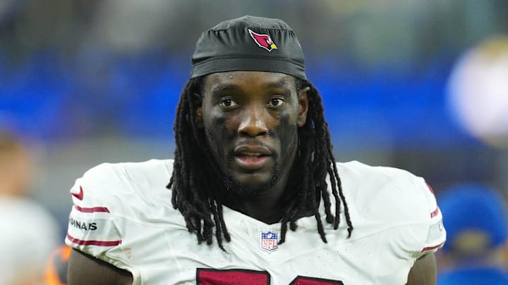 Dec 28, 2024; Inglewood, California, USA; Arizona Cardinals defensive end Darius Robinson (56) reacts against the Los Angeles Rams in the second half at SoFi Stadium. Mandatory Credit: Kirby Lee-Imagn Images