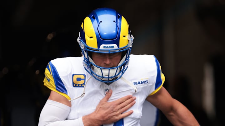 Nov 30, 2025; Charlotte, North Carolina, USA; Los Angeles Rams quarterback Matthew Stafford (9) takes the field before the game against the Carolina Panthers at Bank of America Stadium. Mandatory Credit: Scott Kinser-Imagn Images