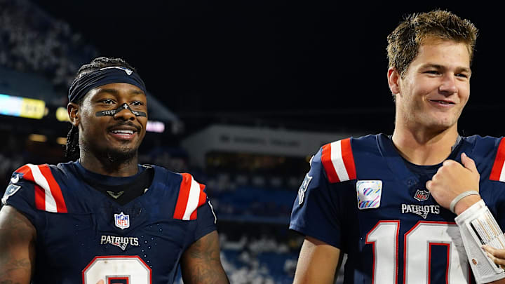 Oct 5, 2025; Orchard Park, New York, USA; New England Patriots quarterback Drake Maye (10) and wide receiver Stefon Diggs (8) walks off the field against the Buffalo Bills after the game at Highmark Stadium. Mandatory Credit: Gregory Fisher-Imagn Images
