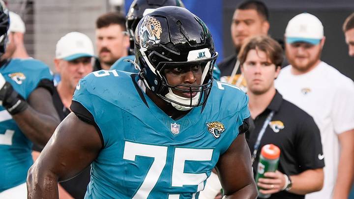 Jacksonville Jaguars guard Emmanuel Pregnon (75) runs a drill before the start of the game against the Carolina Panthers at EverBank Stadium in the second preseason game on Friday night, August 21, 2026 in Jacksonville, Fla. [Doug Engle/Florida Times-Union]