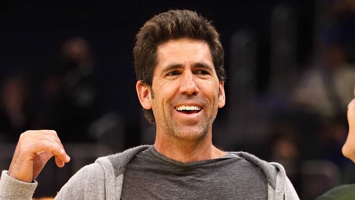 San Francisco, California, USA; Golden State Warriors general manager Bob Myers speaks with Dallas Mavericks majority owner Mark Cuban before the game at Chase Center. Mandatory Credit: Kelley L Cox-USA TODAY Sports