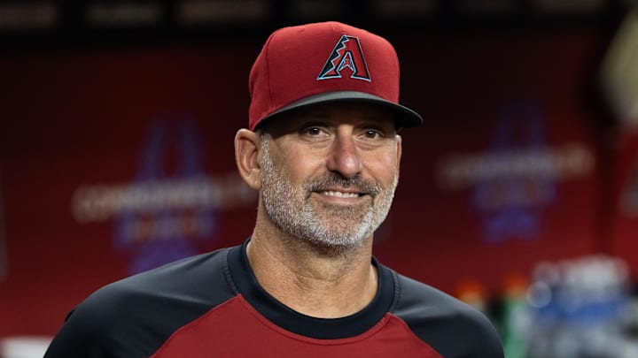 Jul 22, 2025; Phoenix, Arizona, USA; Arizona Diamondbacks manager Torey Lovullo prior to game against the Houston Astros at Chase Field. Mandatory Credit: Mark J. Rebilas-Imagn Images
