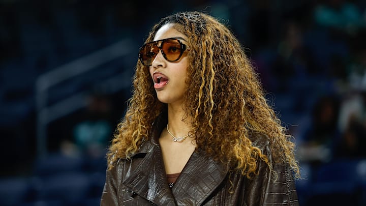 Sep 11, 2025; Chicago, Illinois, USA; Injured Chicago Sky forward Angel Reese (5) stands on the sidelines before a WNBA game against the New York Liberty at Wintrust Arena. Mandatory Credit: Kamil Krzaczynski-Imagn Images